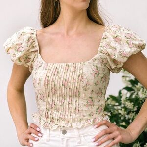 Altar’d State White Pink Floral Rose Ruffle Puff Sleeve Top Coquette Cottagecore